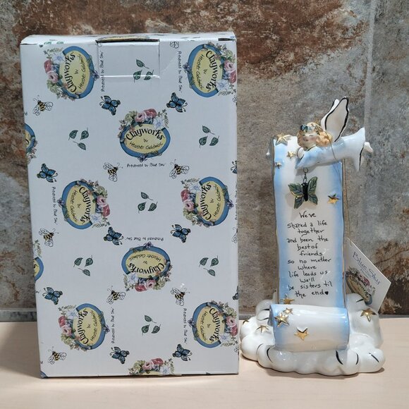 Blue Sky Clayworks Heather Goldsmith Tealight Holder Butterfly Scroll Angel Gift - Picture 1 of 10